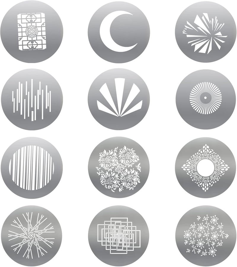 soonpho 12-Pack Round GOBO Kit, 66mm Metal Plate with Different Patterns Works with Spotlight Attachment and OT1 Pro II III Optical Snoot to Create Different Lighting Effects - Image 1